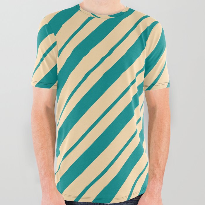 Dark Cyan and Tan Colored Lines/Stripes Pattern All Over Graphic Tee