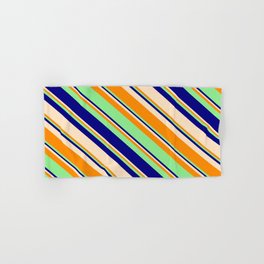 [ Thumbnail: Light Green, Blue, Bisque, and Dark Orange Colored Stripes/Lines Pattern Hand & Bath Towel ]