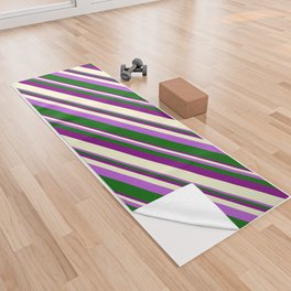 [ Thumbnail: Orchid, Dark Green, Purple, and Light Yellow Colored Stripes Pattern Yoga Towel ]