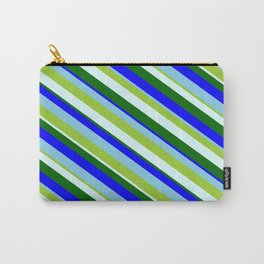 [ Thumbnail: Eye-catching Green, Light Cyan, Dark Green, Blue & Sky Blue Colored Lines/Stripes Pattern Carry-All Pouch ]