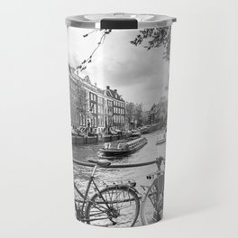 Bicycles parked on bridge over Amsterdam canal Travel Mug