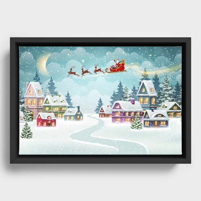 Santa and Reindeer on Christmas Background. Winter Christmas scene with snow covered houses and pine forest. Holiday vintage Background Framed Canvas