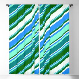 [ Thumbnail: Colorful Blue, Aquamarine, Teal, Dark Green, and Mint Cream Colored Lines/Stripes Pattern Blackout Curtain ]