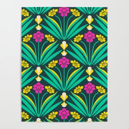 Art deco floral pattern in green, pink, and yellow Poster