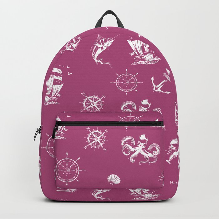 Magenta And White Silhouettes Of Vintage Nautical Pattern Backpack