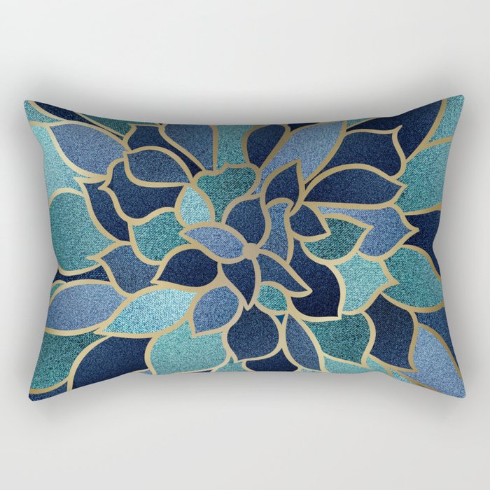 Festive, Floral Prints, Navy Blue, Teal and Gold Rectangular Pillow