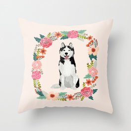husky floral wreath spring dog breed pet portrait gifts Throw Pillow
