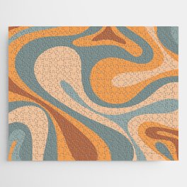 Mod Swirl Retro Abstract Pattern in Muted Slate Blue Orange Brown Jigsaw Puzzle