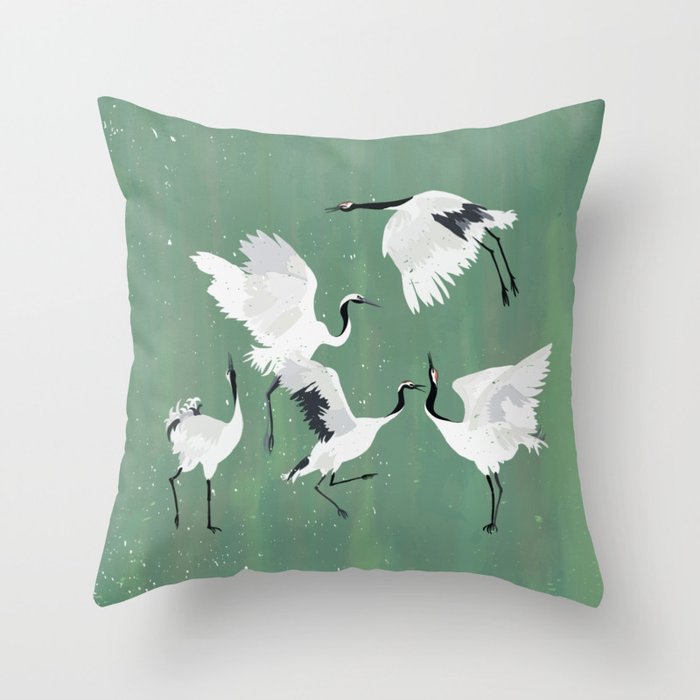 Dancing cranes - jade green Throw Pillow