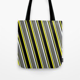 [ Thumbnail: Mint Cream, Dim Gray, Yellow, and Black Colored Stripes Pattern Tote Bag ]