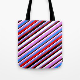 [ Thumbnail: Eyecatching Violet, Blue, Red, Black & White Colored Lines Pattern Tote Bag ]