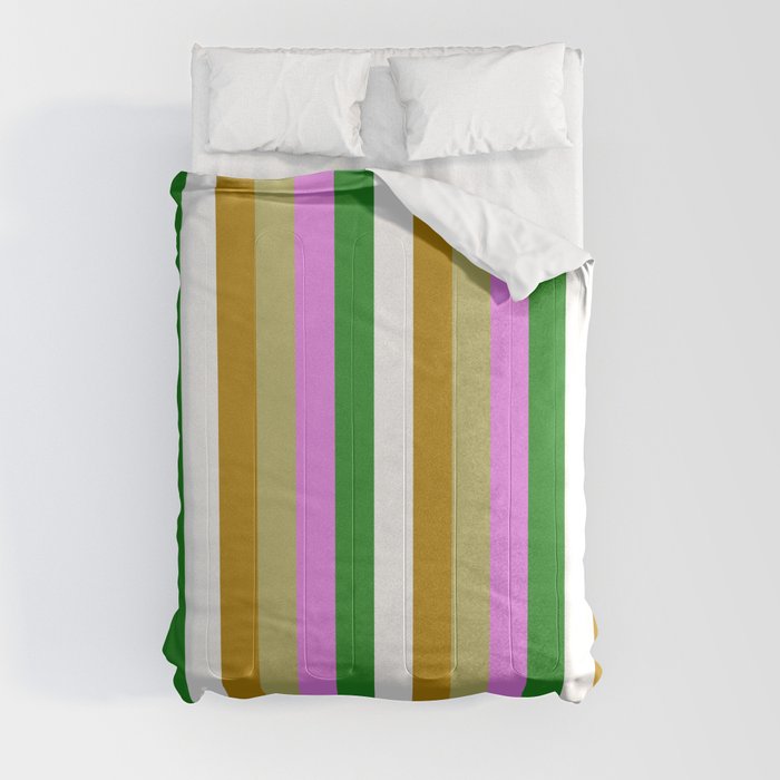 Eyecatching Dark Khaki, Violet, Forest Green, White, and Dark Goldenrod Colored Stripes Pattern Comforter