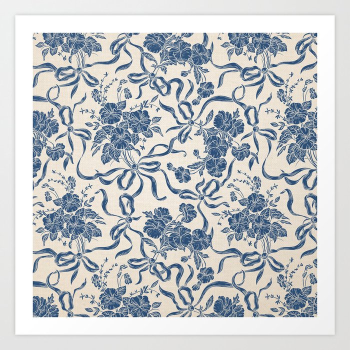 Chic Modern Vintage Ivory Navy Blue Floral Pattern Art Print