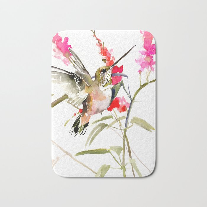 Hummingbird and Pink Flowers, sage green, olive green pink Bath Mat