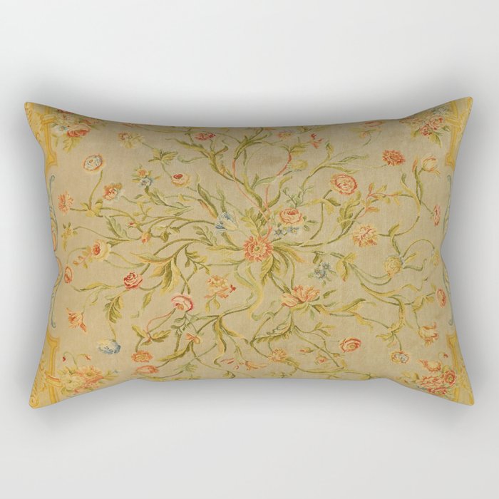 Floral Savonnerie 19th Century Authentic Colorful Rose Tulip Greenery Vintage Patterns Rectangular Pillow