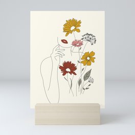 Colorful Thoughts Minimal Line Art Woman with Flowers III Mini Art Print