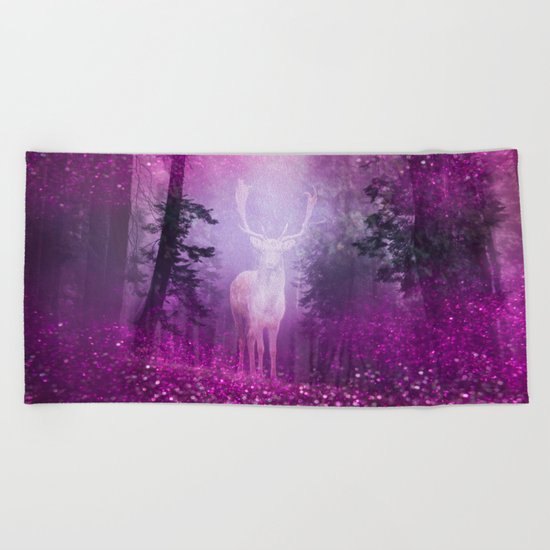 Fairy deer out of the woods mystic pink glitter forrest Beach Towel