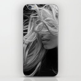 Blond with the wind in her hair black and white portrait photograph / photography / photographs iPhone Skin