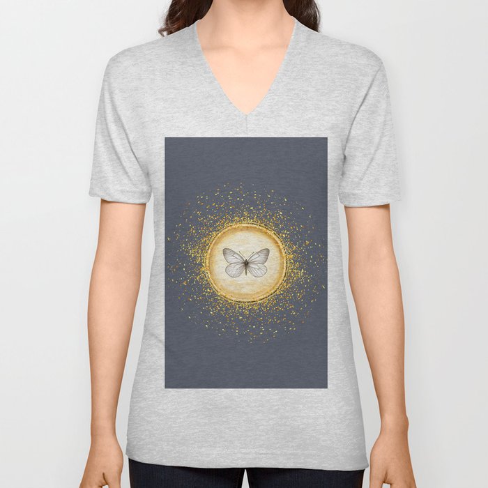 Hand-Drawn Butterfly Gold Circle Pendant on Dark Gray V Neck T Shirt