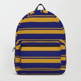 [ Thumbnail: Goldenrod and Midnight Blue Colored Striped/Lined Pattern Backpack ]