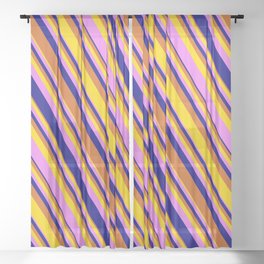 [ Thumbnail: Chocolate, Yellow, Violet, and Blue Colored Lined/Striped Pattern Sheer Curtain ]