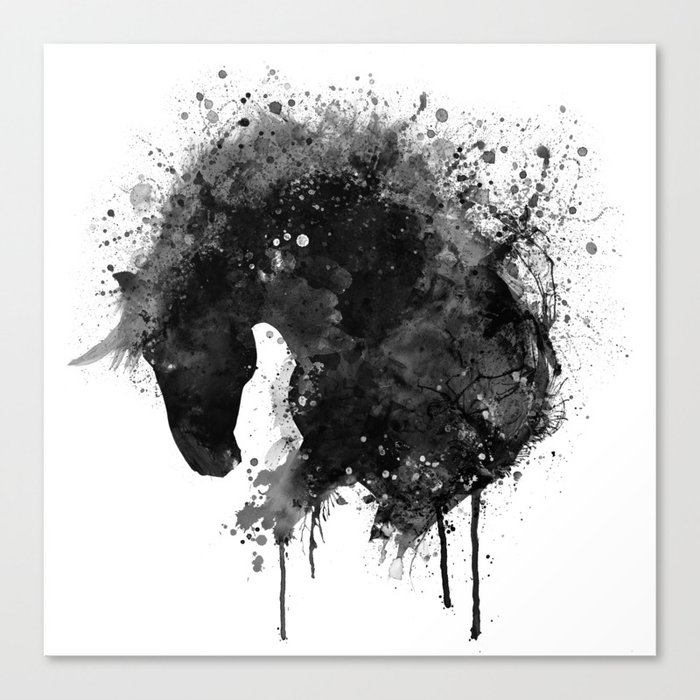 Black And White Horse Head Watercolor Silhouette Canvas Print By
