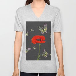 RED POPPY FLOWER & GREY BUTTERFLIES V Neck T Shirt