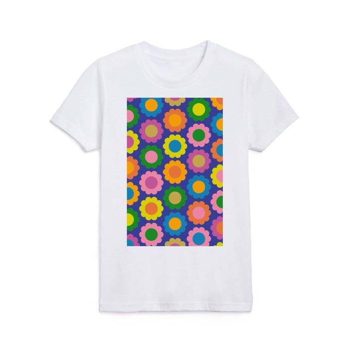 Happy Flowers Colorful Retro Pattern on Blue Kids T Shirt