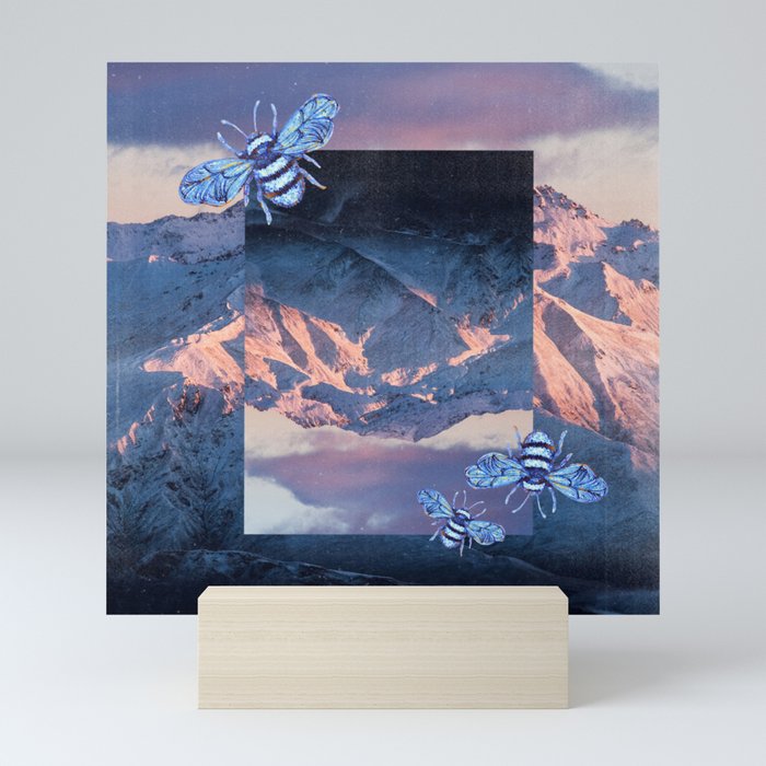 Indigo Periwinkle Mountains & Bees Collage Mini Art Print