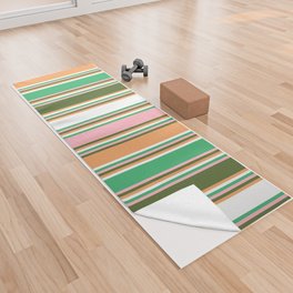 [ Thumbnail: Colorful Sea Green, Light Pink, Dark Olive Green, Brown, and White Colored Lines Pattern Yoga Towel ]