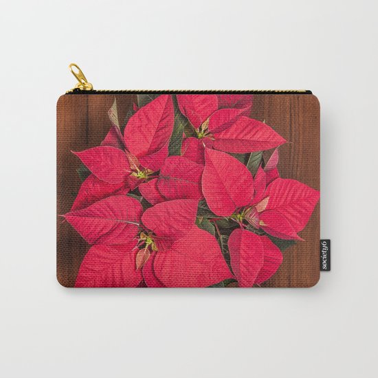 Red Christmas flower on brown wood Carry-All Pouch