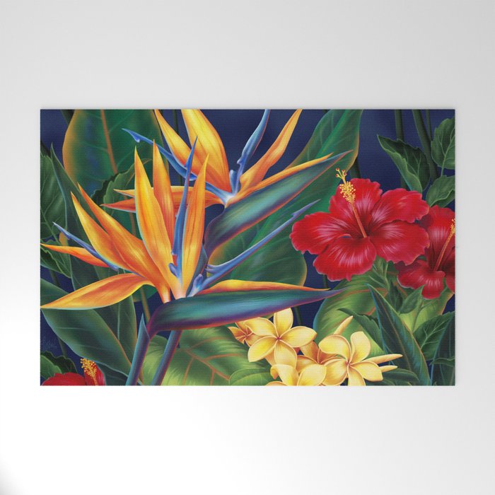 Tropical Paradise Hawaiian Floral Illustration Welcome Mat