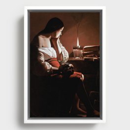 Magdalen with the Smoking Flame female staring at flame with skull of lover in hand portrait painting Framed Canvas