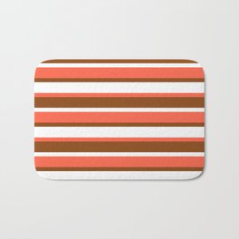 [ Thumbnail: Red, Brown & White Colored Stripes Pattern Bath Mat ]