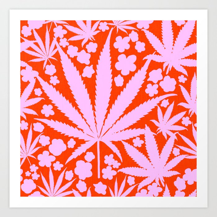 Modern Retro Cannabis Leaves And Pink Mini Flowers On Red Botanical Ditzy Pattern Art Print