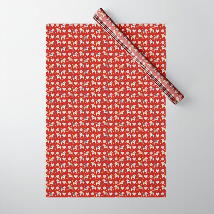 Christmas Swedish Dala Hearts and Buns Pattern on Red Wrapping Paper | Graphic-design, Dala-horse, Swedish, Red, Holiday, Christmas, Scandinavian, Nordic