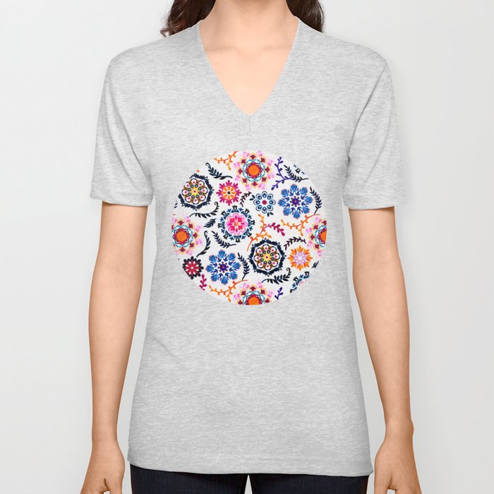 Happy Color Suzani Inspired Pattern V Neck T Shirt