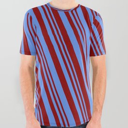 [ Thumbnail: Dark Red & Cornflower Blue Colored Lined/Striped Pattern All Over Graphic Tee ]