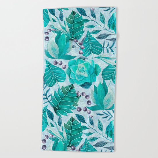 Green greenery watercolor tropical leaf pattern Beach Towel
