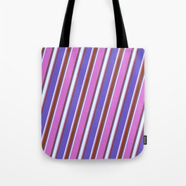 [ Thumbnail: Orchid, Brown, Slate Blue, and Light Cyan Colored Stripes Pattern Tote Bag ]