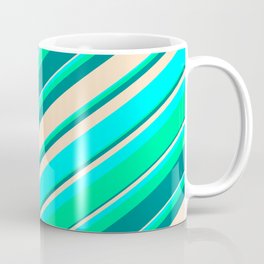 [ Thumbnail: Green, Dark Cyan, Bisque, and Aqua Colored Pattern of Stripes Coffee Mug ]