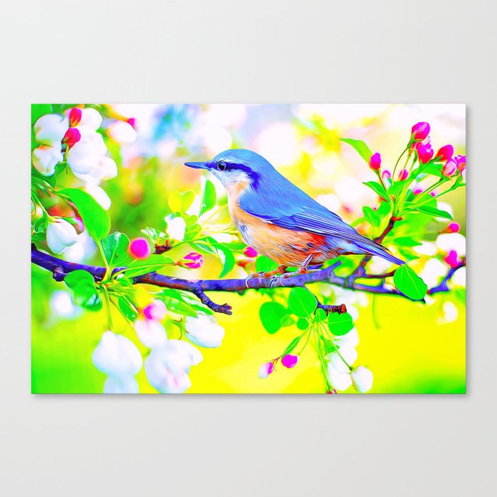 Blue Bird On A Branch Of Flowers Canvas Print