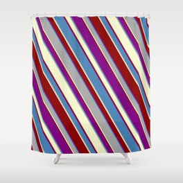 [ Thumbnail: Colorful Purple, Blue, Dark Grey, Light Yellow, and Dark Red Colored Striped/Lined Pattern Shower Curtain ]