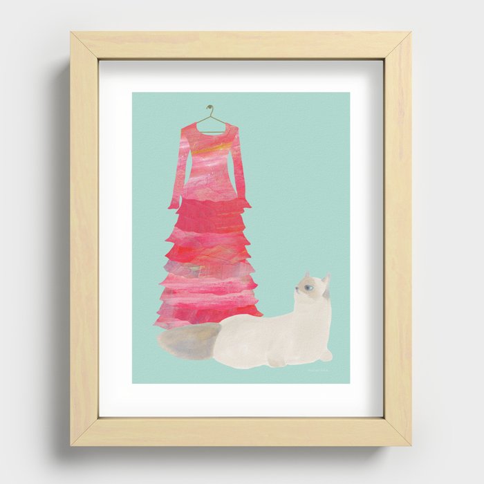 Cat and Flamenco Dress - White and Pink and Mint Recessed Framed Print