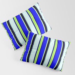 [ Thumbnail: Blue, Light Green, Light Cyan & Black Colored Striped/Lined Pattern Pillow Sham ]