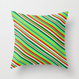 [ Thumbnail: Vibrant Turquoise, Green, Red, Lavender & Dark Green Colored Lined/Striped Pattern Throw Pillow ]
