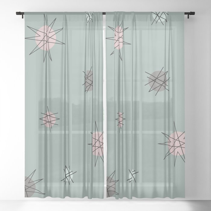 Atomic Age Starburst Sage Green Mauve Pink Sheer Curtain by Kay