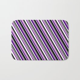 [ Thumbnail: Black, Grey, Plum, Indigo, and White Colored Pattern of Stripes Bath Mat ]