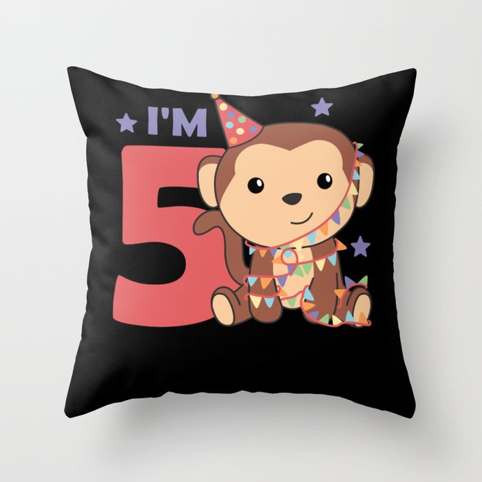 Fifth Birthday Monkey For Kids 5 Years Old Throw Pillow