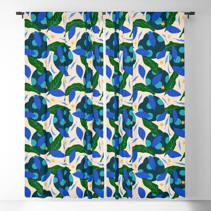 Abstract Modern Blue Green Leaves Botanical Pattern Blackout Curtain